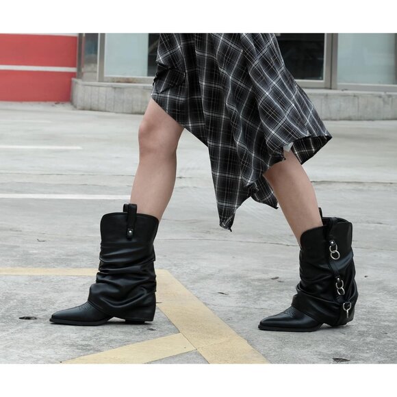 Women Retro Black Rubber Chunky Heels Mid Calf Western Boots Vintage Retro - Picture 3 of 8